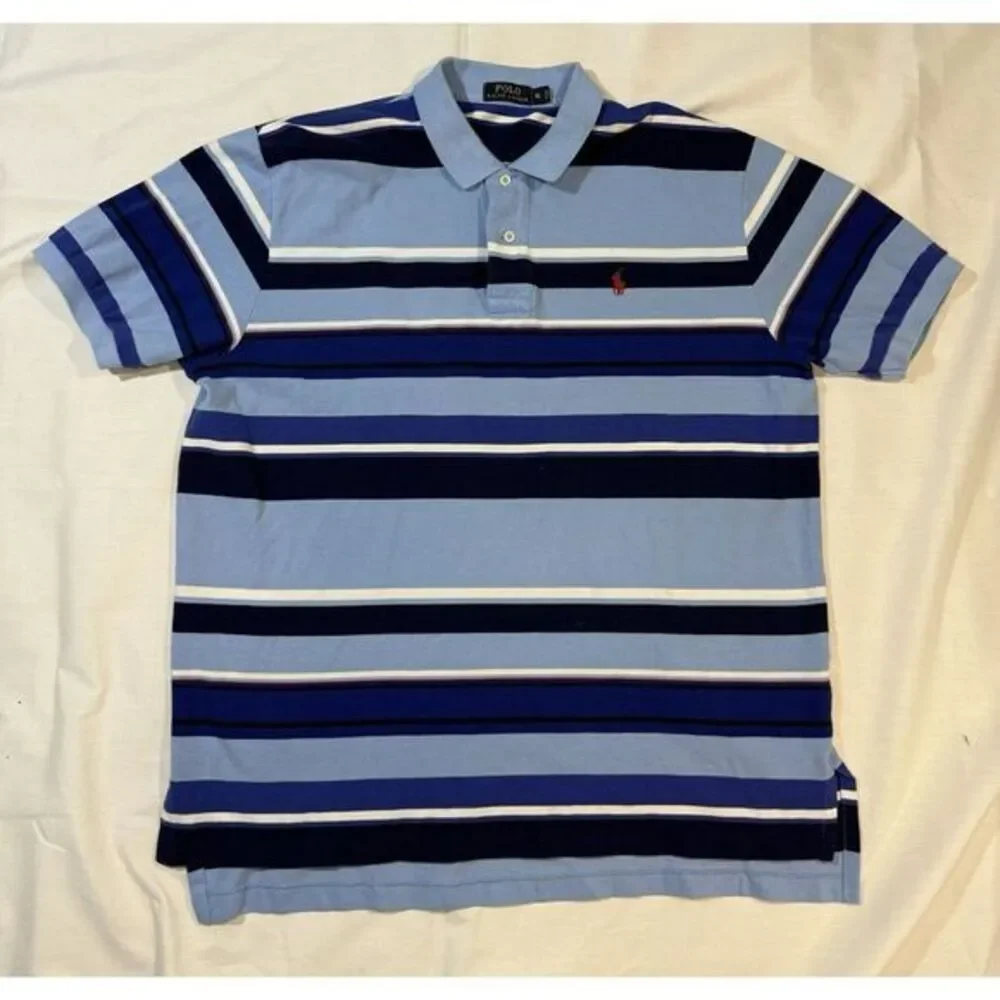 Ralph Lauren Shirt Mens 2XLARGE Blue Striped Short Sleeve‎ Polo T Shirt Size XL